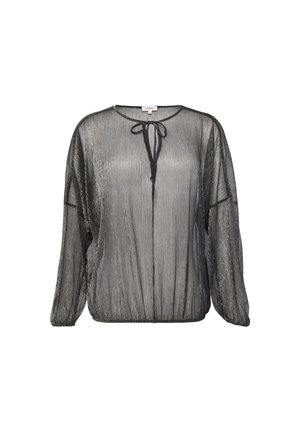 Blouse noire transparente avec des manches longues, des poignets froncés et un col à noeud. Le tissu a un léger éclat métallique et une coupe décontractée.