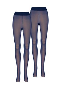 Marineblaue halbtransparente Strumpfhosen aus dehnbarem Material, mit einem bequemen schwarzen Bund und einer glatten Textur. Für eine figurbetonte Passform entworfen.