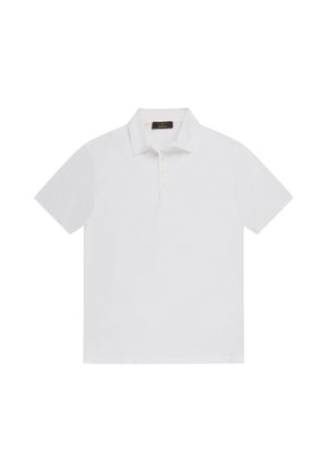 Polo blanc à manches courtes avec col et deux boutons, présenté à plat sur un fond blanc.