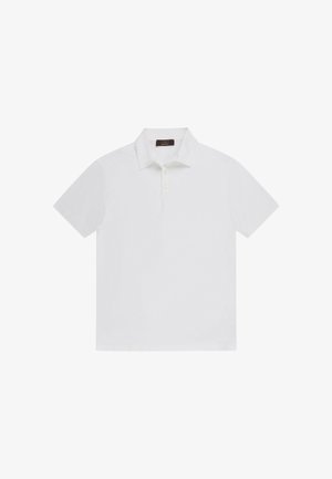 Polo bianca a maniche corte con colletto e due bottoni, mostrata distesa su sfondo bianco.