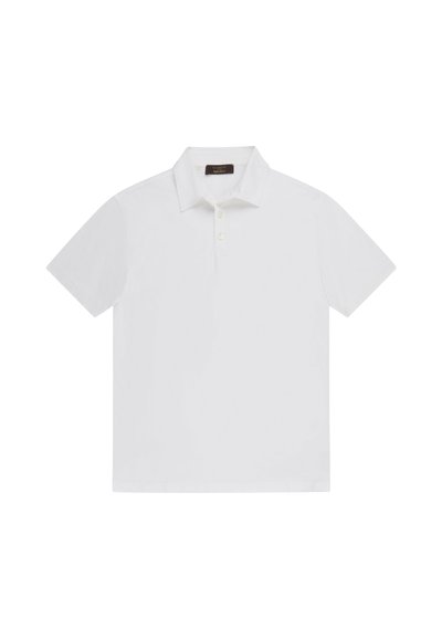 Polo blanc à manches courtes avec col et deux boutons, présenté à plat sur un fond blanc.