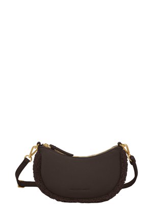 Brown crossbody bag with a textured, fur-like trim. Features a gold zipper and hardware, curved shape, and adjustable strap.