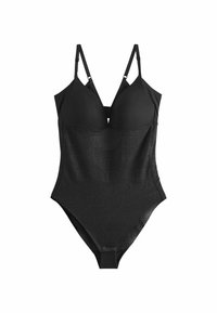 Costume intero nero con coppe preformate, spalline regolabili, motivo a onde texturizzato e taglio classico sulle gambe. Finitura in tessuto liscia.