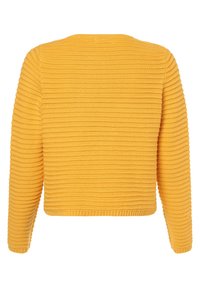 Gelber gerippter Pullover mit langen Ärmeln und cropped Design. Strukturierter Stoff mit horizontalen Streifen. Keine Verschlüsse oder Akzente.