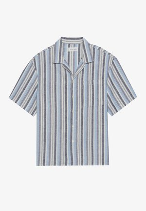 Camicia a maniche corte con strisce verticali blu, blu navy e bianche, dotata di colletto, taschino frontale e chiusura con bottoni. Tessuto strutturato.