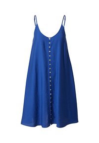 Robe sans manches bleue en tissu lisse, dotée d'une fermeture boutonnée à l'avant et d'une silhouette décontractée en ligne A.