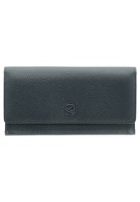Dark gray leather wallet with a textured surface, featuring a subtle embossed logo and a simple fold-over design.