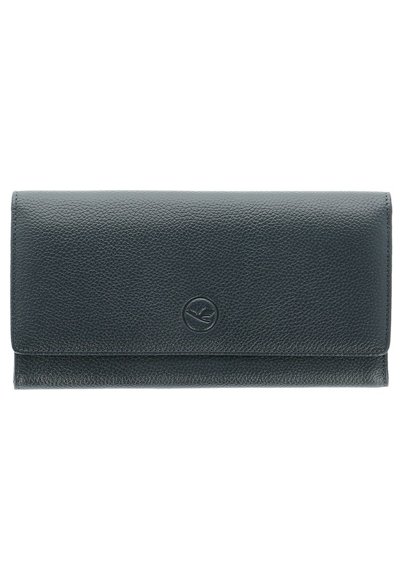 Dark gray leather wallet with a textured surface, featuring a subtle embossed logo and a simple fold-over design.