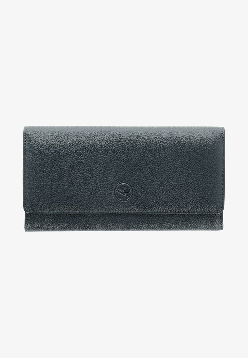 Dark gray leather wallet with a textured surface, featuring a subtle embossed logo and a simple fold-over design.