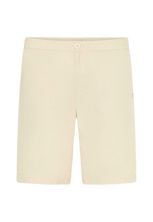 Shorts beige clair en tissu doux. Dotés d'une fermeture à bouton, d'une taille élastique et de poches latérales. Design droit, longueur genou.