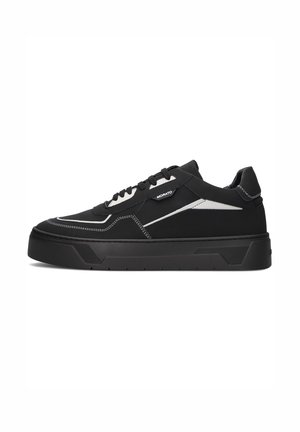 Black sports sneaker with leather upper, white accents, thick sole, round toe, and contrasting stitching details. Lace-up closure.