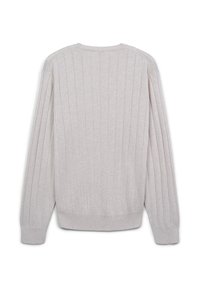 Maglione grigio chiaro a coste con maniche lunghe e girocollo. Tessuto morbido con strisce verticali, polsini e orlo elasticizzati.