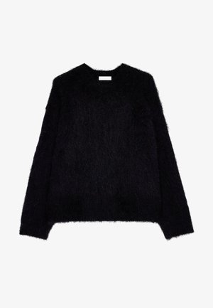 Black fuzzy knit sweater with long sleeves, crew neck, and a relaxed fit. Soft texture with a slightly oversized silhouette.