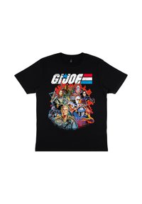Czarny bawełniany t-shirt z kolorową grafiką postaci G.I. Joe, z białym i niebieskim tekstem oraz czerwonymi akcentami w projekcie.