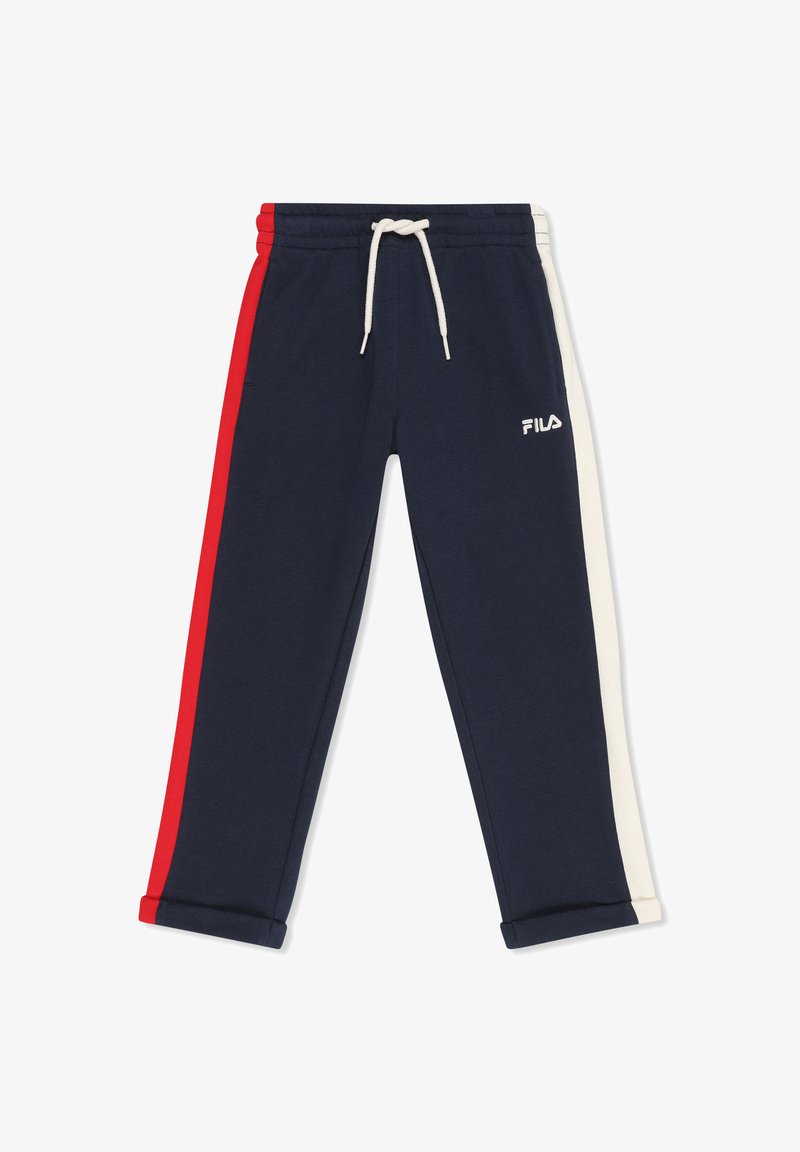 Pantalones de chándal azul marino de FILA con una franja roja en la pierna izquierda, una franja blanca en la pierna derecha, cintura elástica y cordón blanco.