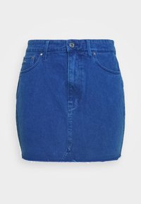 Blå denim minikjol med främre knappar, dragkedjestängning, två framfickor, bältes-öglor och rådfållsdetalj.