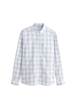Long-sleeved, button-up shirt with a light blue and white plaid pattern, featuring a pocket on the left side.