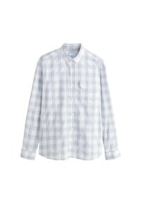 Camicia a maniche lunghe con bottoni in motivo a quadri azzurro chiaro e bianco, realizzata in cotone. Presenta una tasca sul petto e un design con colletto classico.