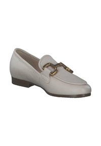 White leather loafers with a low heel and gold-tone chain detail across the front. Smooth texture, classic design, and pointed toe.