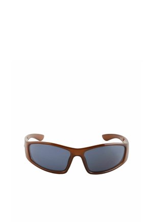 Brown rectangular sunglasses with dark tinted lenses, curved arms, and a smooth, glossy frame on a white background.