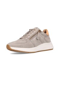 Graue Wildleder-Sneaker mit weißer Zwischensohle, strukturierten Details und goldfarbener Reißverschlussakzent. Verfügt über flache Schnürsenkel und eine tanfarbene Fersenschlaufe.