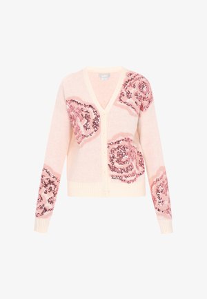 Minkšti rožinės spalvos megzti kardiganai su blizgiomis rožių raštais ant rankovių ir priekio; turi V formos iškirpę, penkis mygtukus ir išsiuvinėtas rankoves.