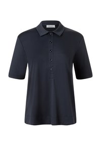 Marinblå polo skjorta tillverkad av slät tyg, med krage, korta ärmar och knappslå med mörka knappar.