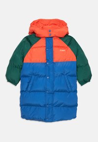 Gestepptes Jacket mit orangefarbenen, grünen und blauen Farbbereichen. Hoher Kragen mit Druckknöpfen, Seitentaschen und elastischen Bündchen.