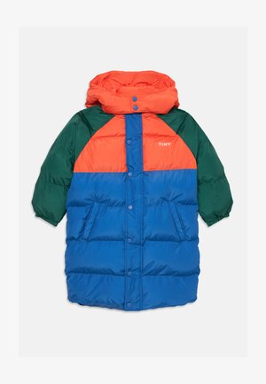 Padded jacket featuring orange, green, and blue color blocks. High collar with snaps, side pockets, and elastic cuffs.