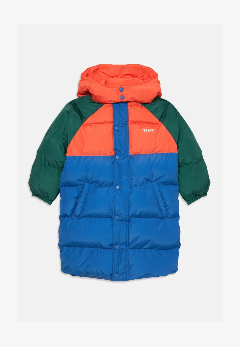 Giacca imbottita con blocchi di colore arancione, verde e blu. Colletto alto con snap, tasche laterali e polsini elasticizzati.