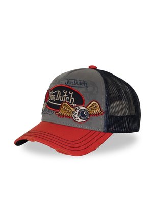 Casquette de baseball Von Dutch rouge et grise avec dos en maille noire, œil ailé brodé et nom de la marque à l'avant.