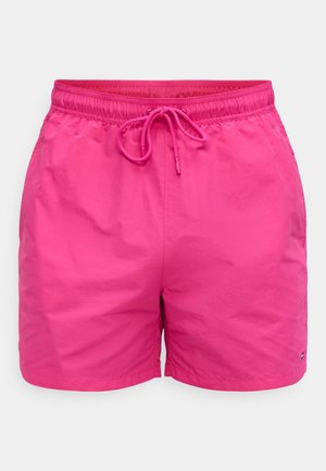 Rosa badeshorts laget av lett stoff, med elastisk midjebånd med snor, glatt tekstur og uten ekstra mønstre.