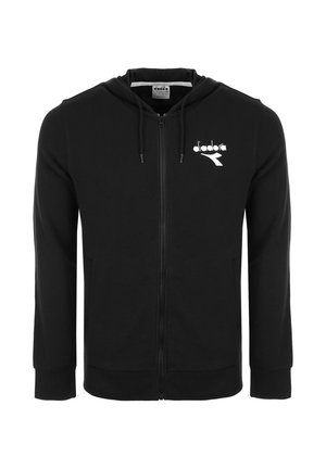 Felpa con cappuccio nera con cerniera integrale, tasche frontali, cappuccio con coulisse e logo "diadora" bianco sul petto a sinistra.