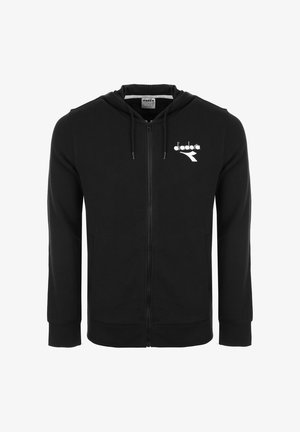 Felpa con cappuccio nera con cerniera integrale, tasche frontali, cappuccio con coulisse e logo "diadora" bianco sul petto a sinistra.