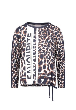 Haut à manches longues avec un imprimé animalier bleu marine, marron et blanc, doté d'un ourlet à cordon de serrage et d'un design de texte audacieux. Confectionné en tissu doux et léger.