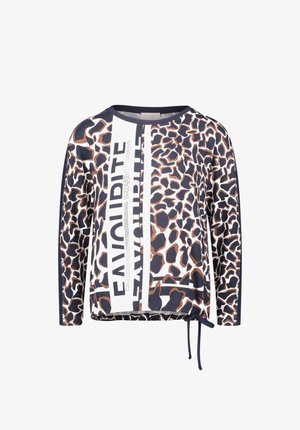 Haut à manches longues avec un imprimé animalier bleu marine, marron et blanc, doté d'un ourlet à cordon de serrage et d'un design de texte audacieux. Confectionné en tissu doux et léger.