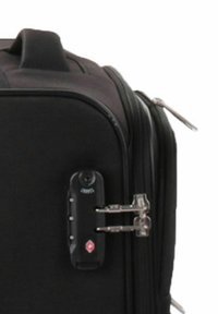 Black suitcase with zippers, a combination lock, and a durable fabric surface. Features a handle on top for easy carrying.
