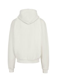 Weißer Kapuzenpullover mit lockerer Passform, gerippten Bündchen und Saum. Die Rückseite hat eine glatte Textur ohne zusätzliche Details oder Muster.