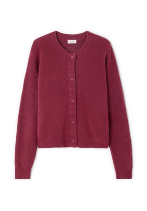 Bordeaux cardigan, zachte textuur, geribde halslijn en manchetten, zes bijpassende knopen aan de voorkant, cropped pasvorm, lichtgewicht wolmix.