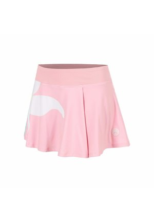 Jupe de sport rose avec une large taille, un ourlet évasé et un motif abstrait blanc sur le côté, présentant un petit logo circulaire près de l'ourlet.