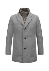 Grau Wollmantel mit knöpfbarem Frontverschluss, Reverskragen und innerem gestepptem Futter, mit einem Kunstpelzkragen und zwei Seitentaschen.