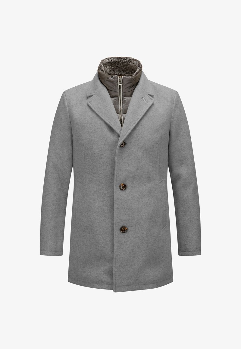Grau Wollmantel mit knöpfbarem Frontverschluss, Reverskragen und innerem gestepptem Futter, mit einem Kunstpelzkragen und zwei Seitentaschen.