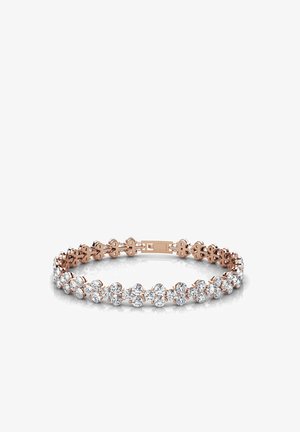 Armband aus Roségold mit abwechselnd runden und blütenförmigen klaren Kristallen, mit einem Verschluss gesichert. Glatte Textur, reflektierende Oberfläche.