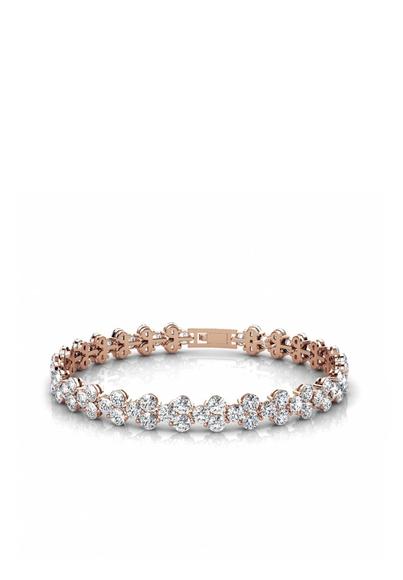 Bracciale in oro rosa con cristalli trasparenti alternati a forma di cerchio e fiore, fissato con un gancio. Texture liscia e finitura riflettente.