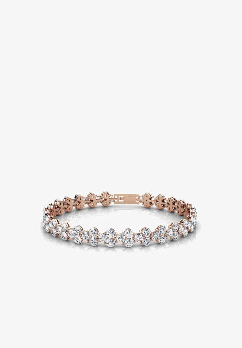 Roze gouden armband met afwisselend ronde en bloemenvormige heldere kristallen, vastgezet met een sluiting. Glad oppervlak, spiegelend afwerking.