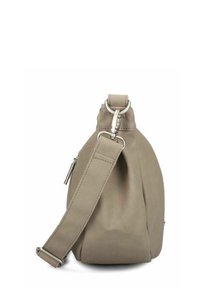 Taupe Leder-Handtasche mit verstellbarem Trageriemen sowie silberfarbener Metallverschluss und Reißverschlussgriff, seitlich auf weißem Hintergrund abgebildet.
