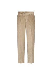 Beiga kordfläktbyxor med breda vertikala ribbor, rak bendesign, framfickor och en enda knappstängning i midjan.