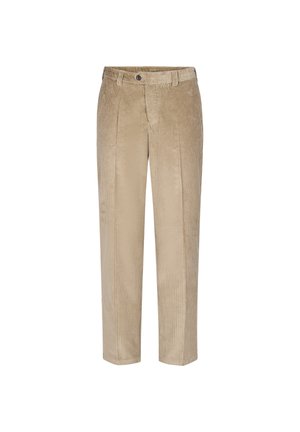 Beige corduroy trousers with wide vertical ribs, straight leg design, front pockets, and a single button closure at the waist.