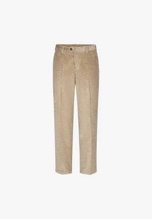 Beige Corduroyhosen mit breiten vertikalen Rippungen, geradem Bein-Design, Vorderentaschen und einem einzelnen Knopfverschluss an der Taille.