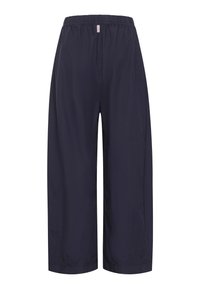 Granatowe spodnie o szerokich nogawkach z elastycznym pasem, wykonane z lekkiego materiału. Charakteryzują się gładką fakturą i czystym, minimalistycznym designem.